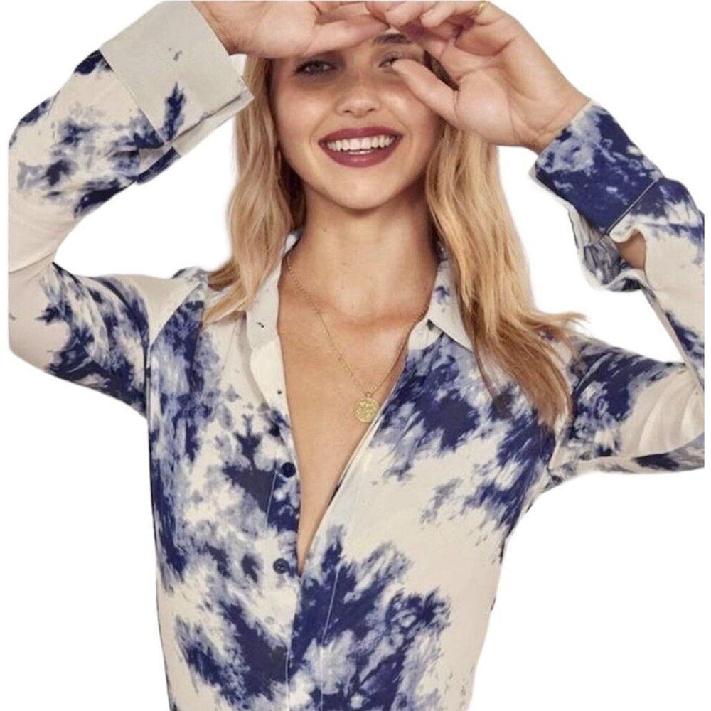 Reformation Cream Blue Tie Dye Long Sleeve Button Collared Blouse XS